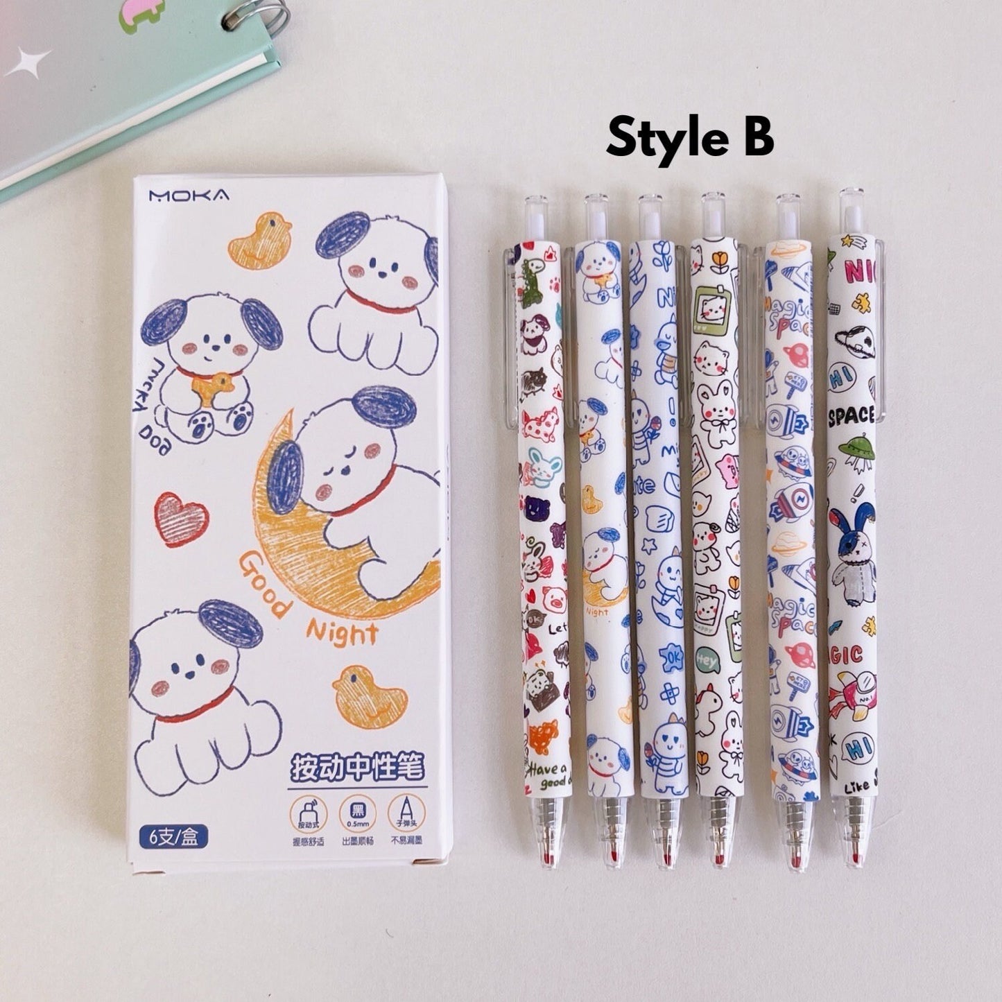 6Pcs Cute Pens Set Boxed, Kawaii Clicker Pens, 0.5mm black gel ink clicker pen, Kawaii School Supplies, Kawaii Stationery