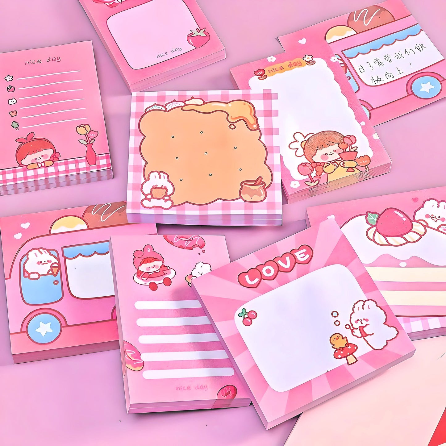 2Pcs Kawaii Pink Memo Pads | Cute Notes | Kawaii Notepad | Japanese Memo Notes | Cute Scrapbooking | Cute Gifts for Kids | Cute Stationery