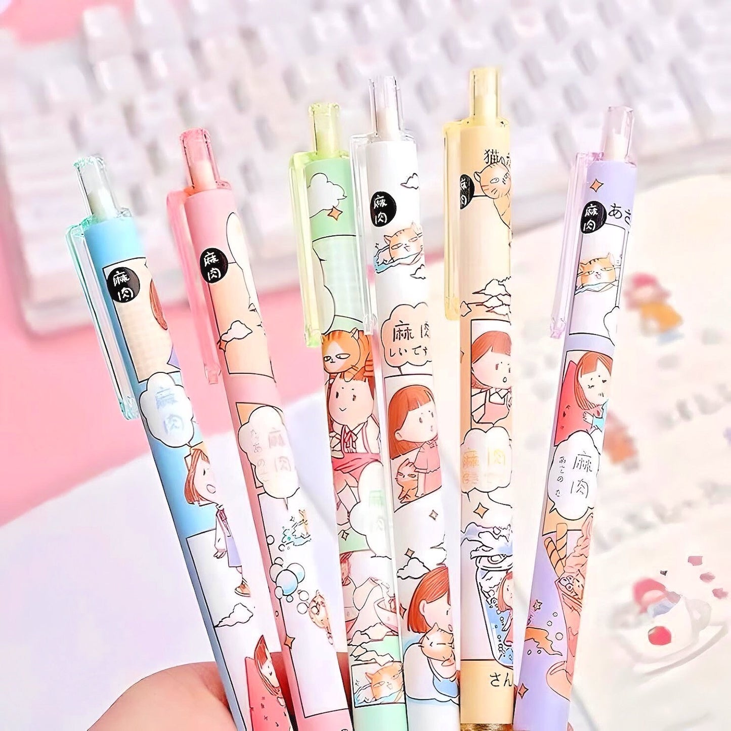 6Pcs Cute Pens Set, Cartoon Girl Kawaii Stationery, 0.5mm black gel ink clicker pen, Kawaii School Supplies, Gift for friends