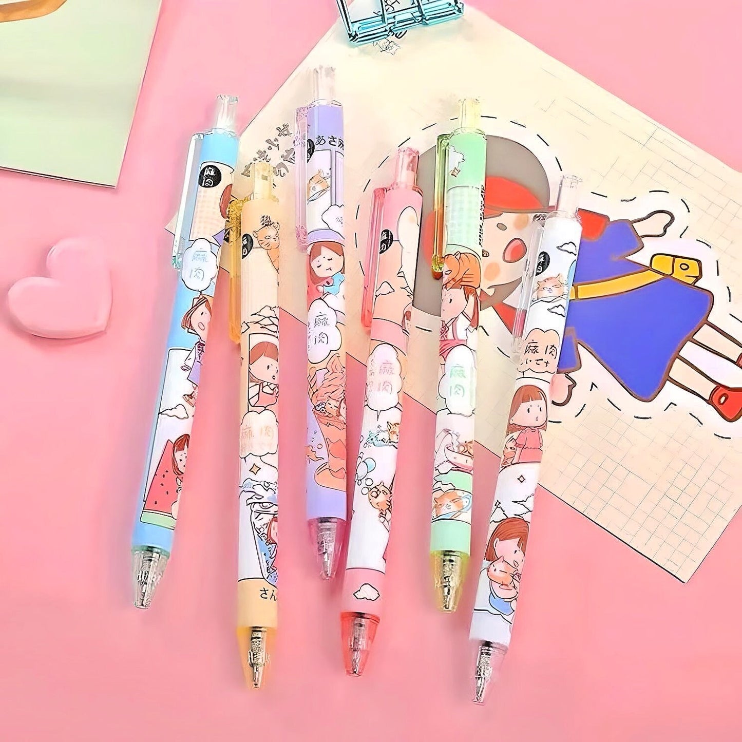 6Pcs Cute Pens Set, Cartoon Girl Kawaii Stationery, 0.5mm black gel ink clicker pen, Kawaii School Supplies, Gift for friends