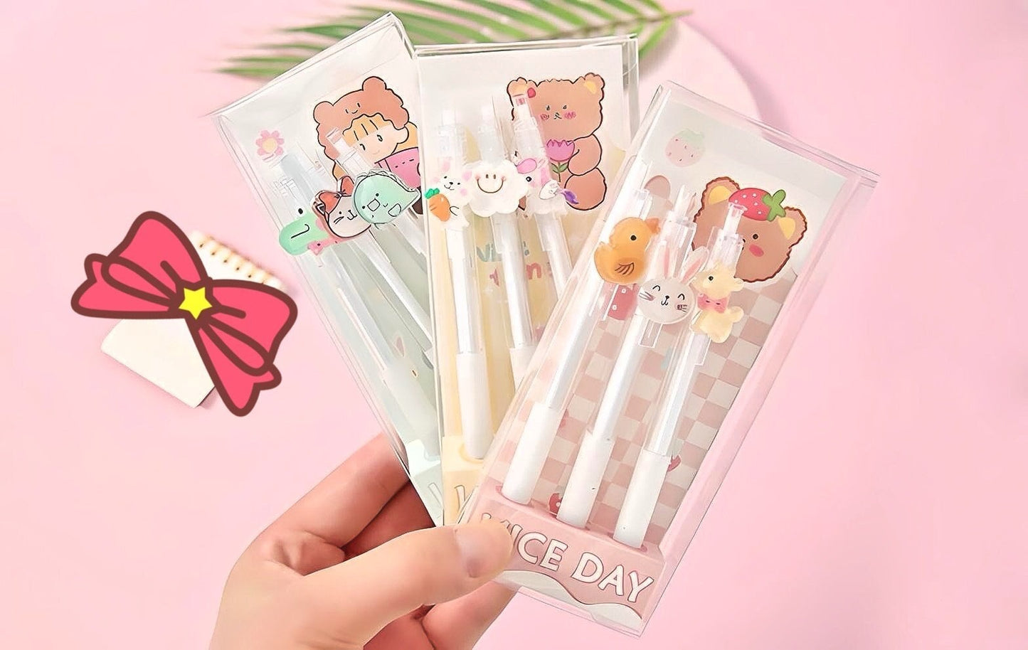 3Pcs Cute Bear Puppy Bunny Pens Set | Cute Pens Kawaii Stationery black gel clicker pen School Supplies Office Stationery Pen Gift for Kids