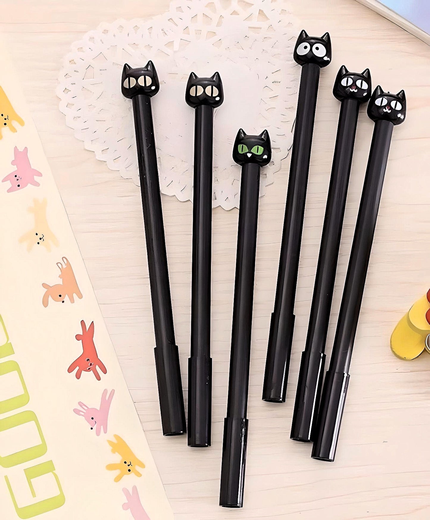 2Pcs Cute Pack Black Cat Kitty 0.5mm Black Ink Gel Pen | Kawaii Pens for Kids | Back to School Supplies Birthday Gfit (2 Pcs Random Design)