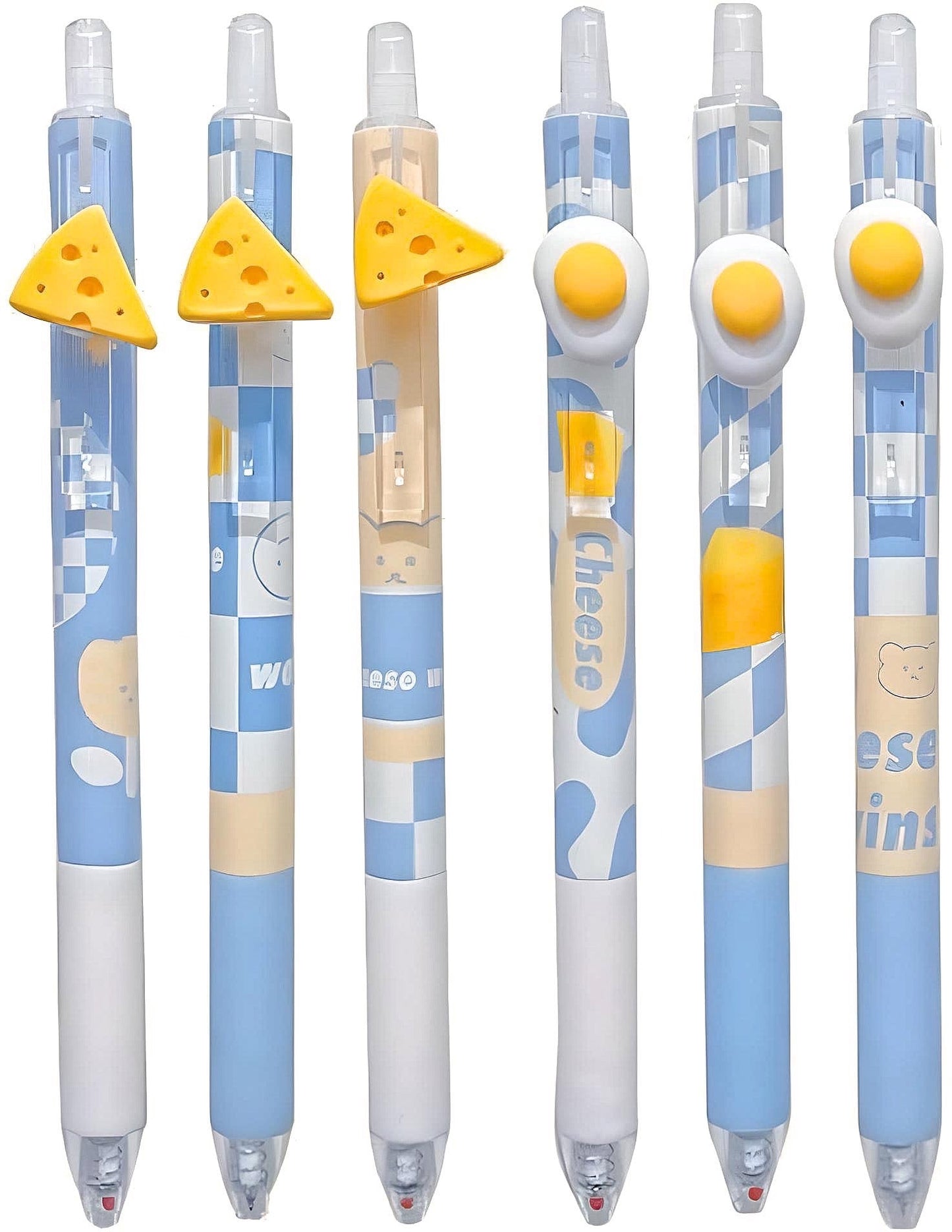 6Pcs Cute Cheese Pens| Cute Neutral Pen| Kawaii Kitsch 0.5mm black gel ink clicker pen| School Supplies Office Stationery Pen Set