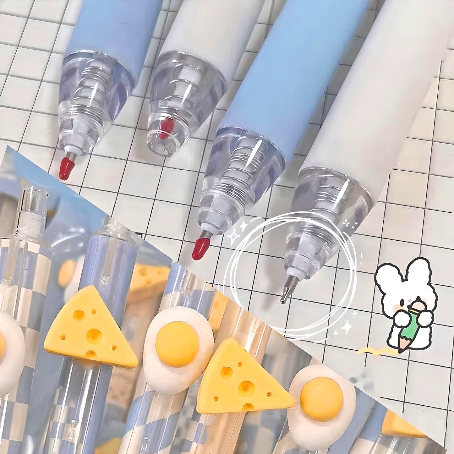 6Pcs Cute Cheese Pens| Cute Neutral Pen| Kawaii Kitsch 0.5mm black gel ink clicker pen| School Supplies Office Stationery Pen Set