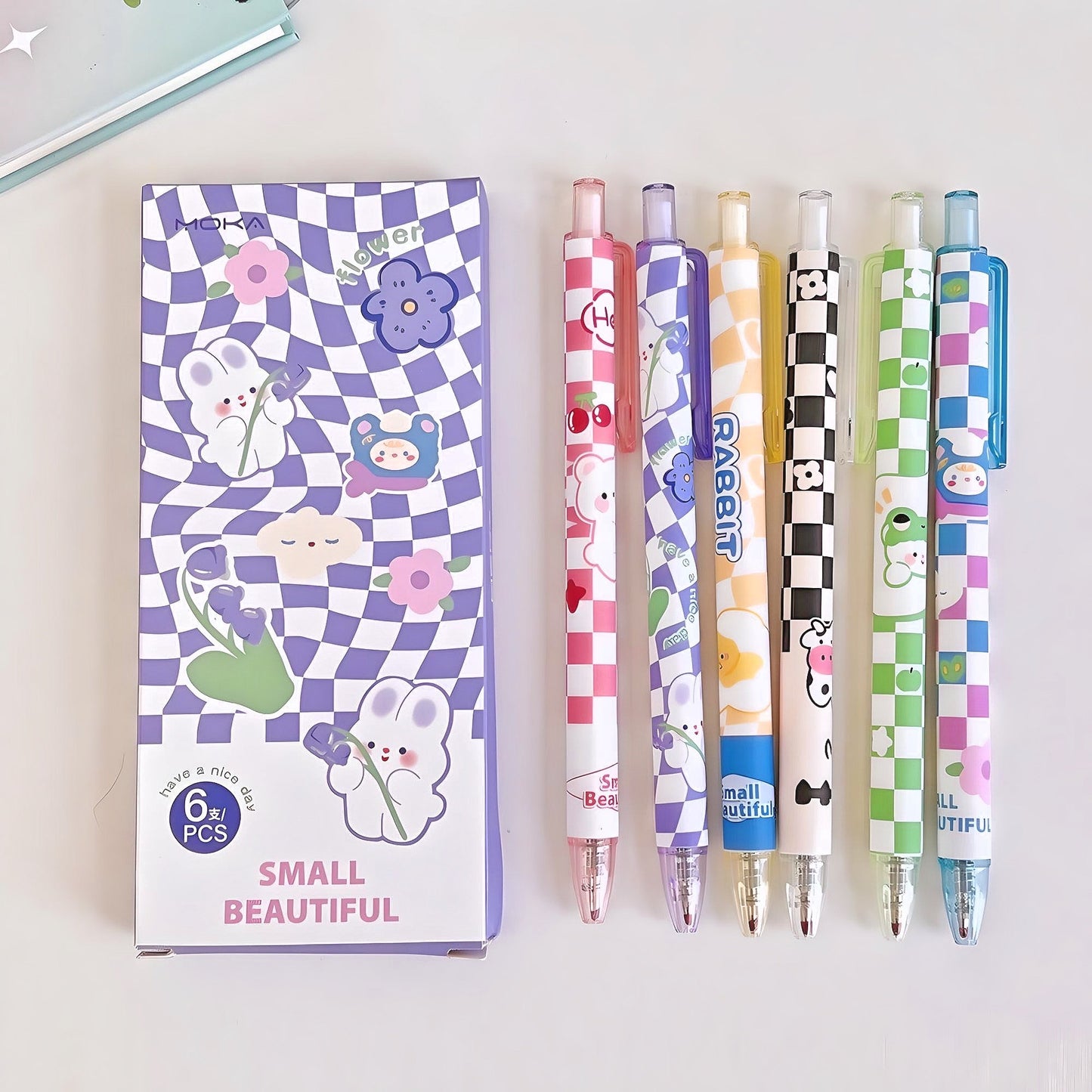 6Pcs Cute Pens Set Boxed, Kawaii Clicker Pens, 0.5mm black gel ink clicker pen, Kawaii School Supplies, Kawaii Bunny Stationery