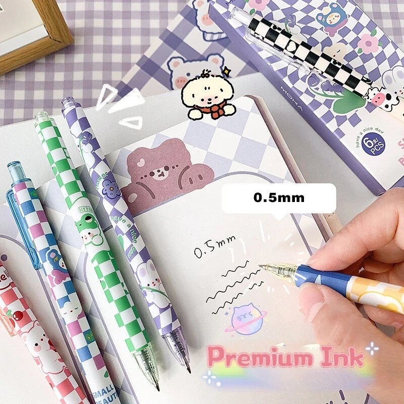 6Pcs Cute Pens Set Boxed, Kawaii Clicker Pens, 0.5mm black gel ink clicker pen, Kawaii School Supplies, Kawaii Bunny Stationery
