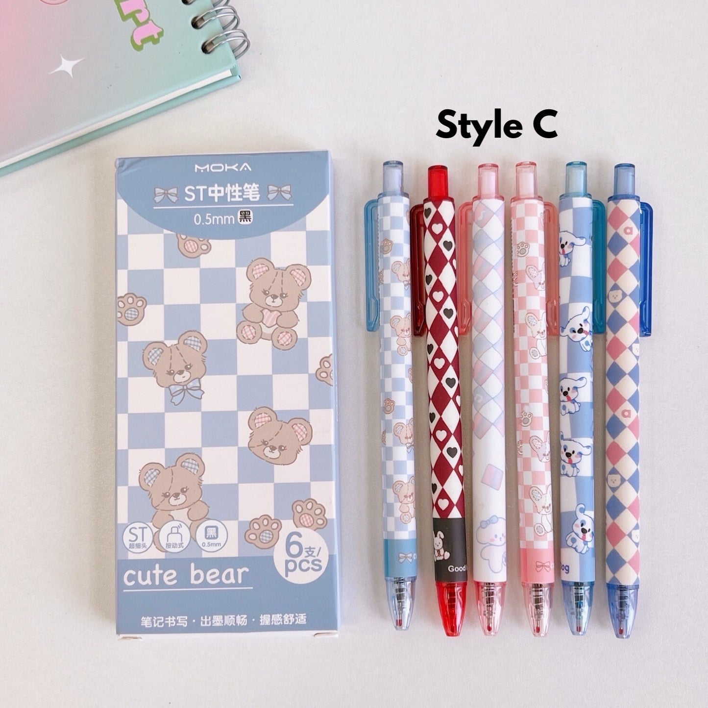 6Pcs Cute Pens Set Boxed, Kawaii Clicker Pens, 0.5mm black gel ink clicker pen, Kawaii School Supplies, Kawaii Stationery