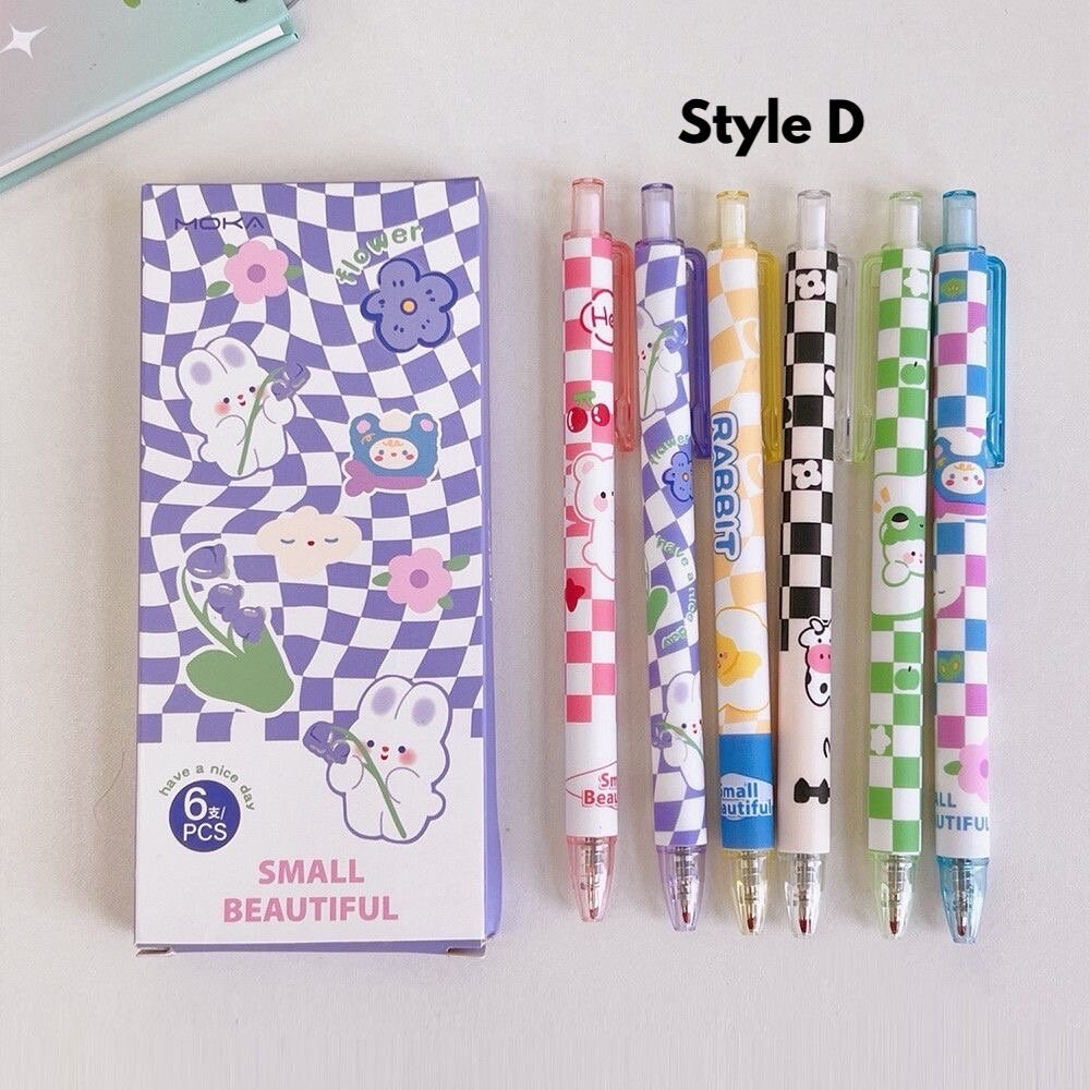 6Pcs Cute Pens Set Boxed, Kawaii Clicker Pens, 0.5mm black gel ink clicker pen, Kawaii School Supplies, Kawaii Stationery