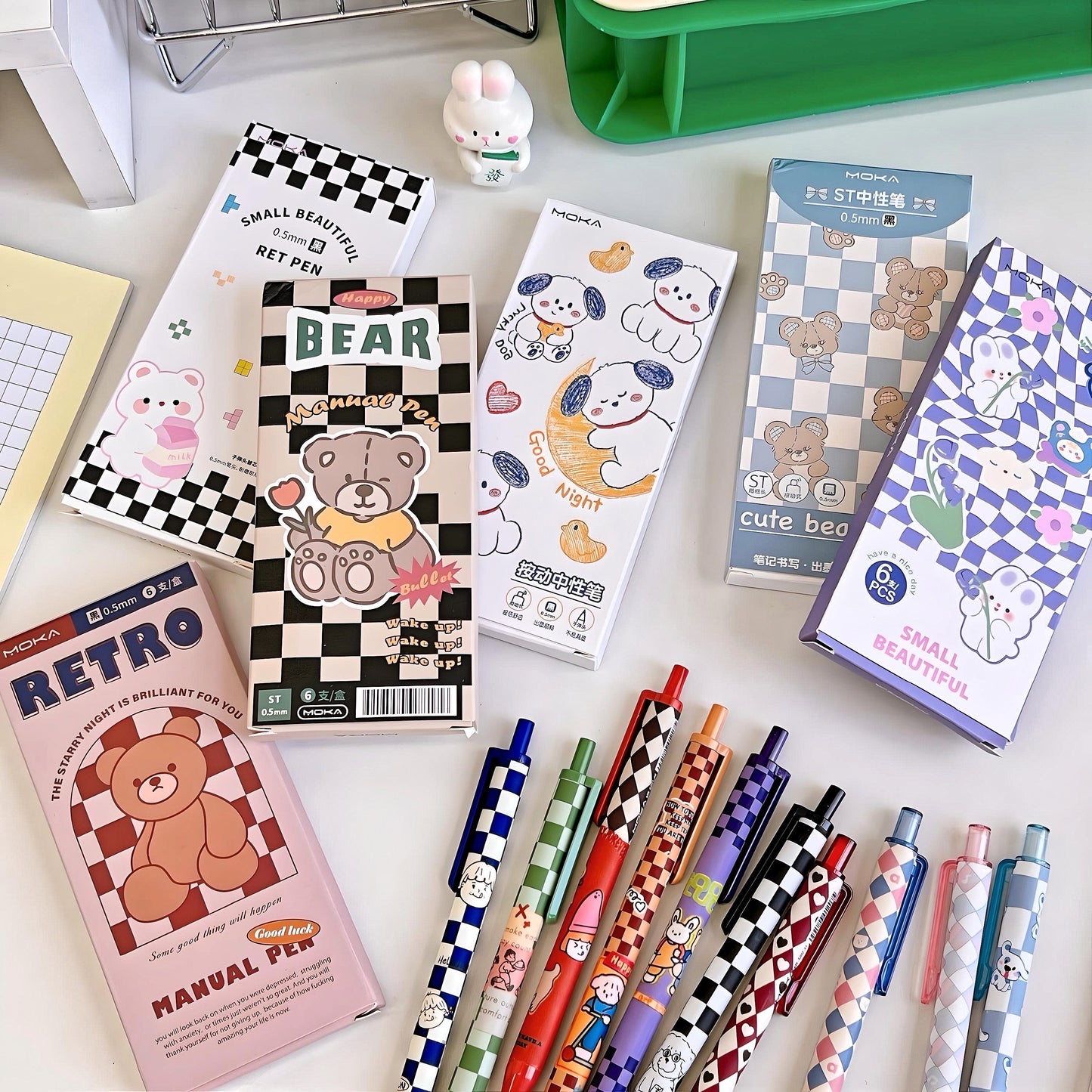 6Pcs Cute Pens Set Boxed, Kawaii Clicker Pens, 0.5mm black gel ink clicker pen, Kawaii School Supplies, Kawaii Stationery