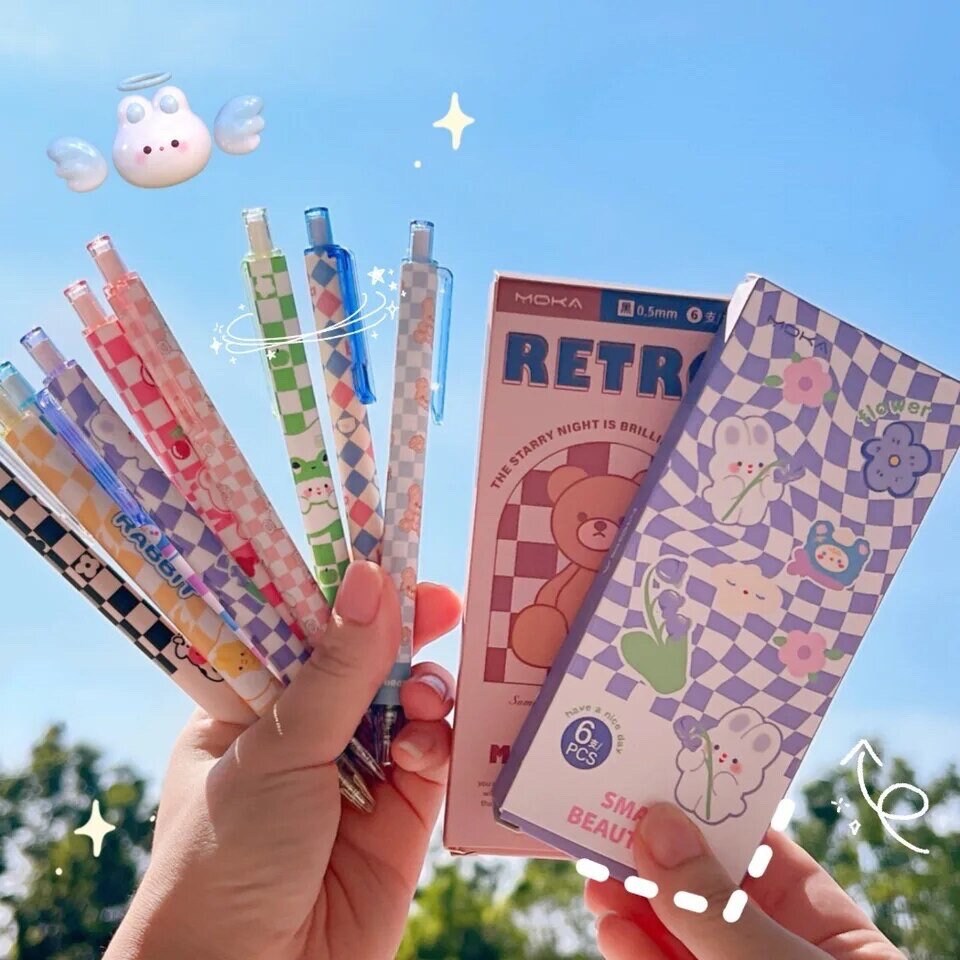 6Pcs Cute Pens Set Boxed, Kawaii Clicker Pens, 0.5mm black gel ink clicker pen, Kawaii School Supplies, Kawaii Stationery