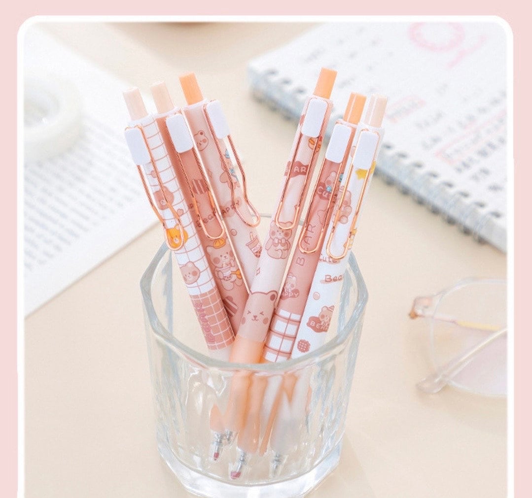 Cute pens Kawaii Bear | Little brown bear stationary| cute kawaii kitsch| 0.5mm black gel ink clicker pen duo| kawaii pen| school stationery