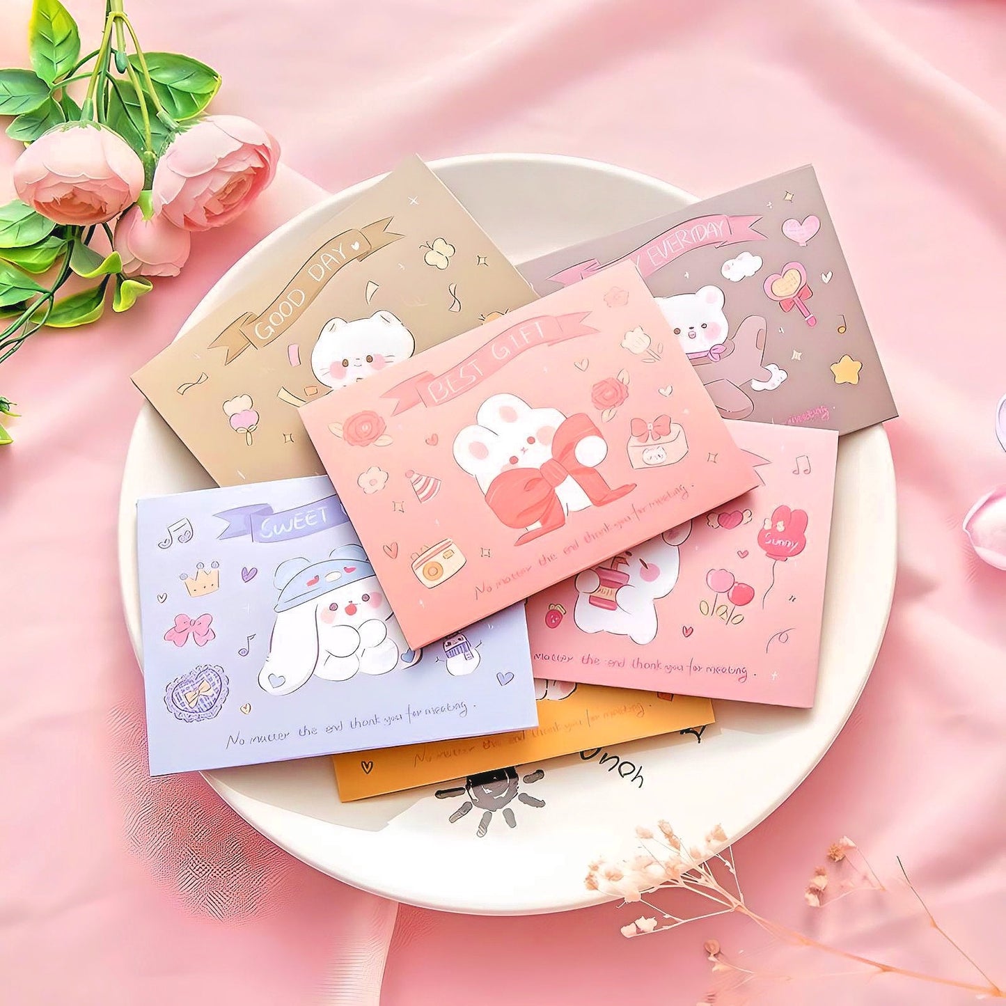 Cute Postcards Set of 4 Cute Kids Greeting Cards Students DIY Bouquet Message Blessing Cards Gift Envelopes Kawaii Stationery for School