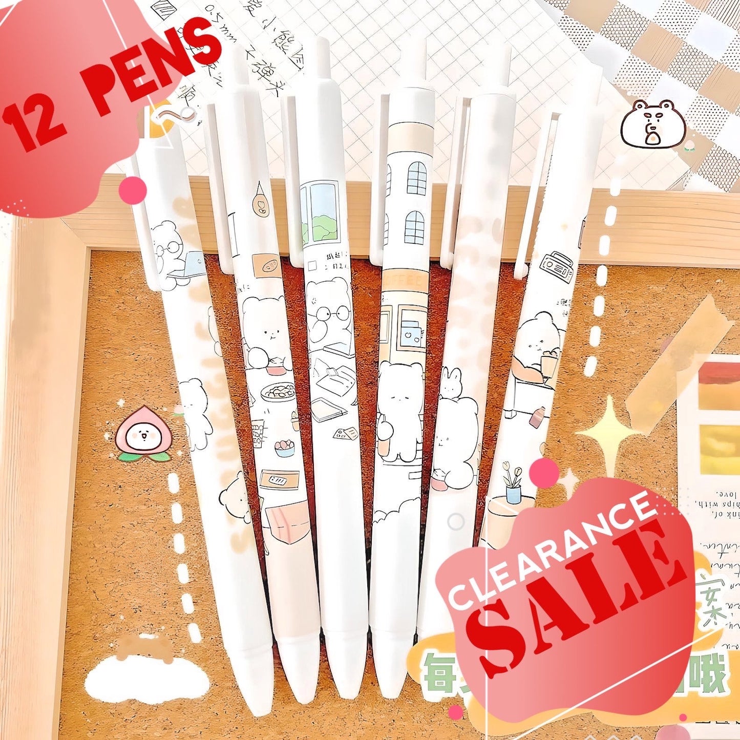 SALE 12 Pcs Kawaii Bear Pen Set, Cute Stationery, Cute Gel Pens, Neutral Pen 0.5mm blue gel Erasable pen School Supplies, Student Stationery