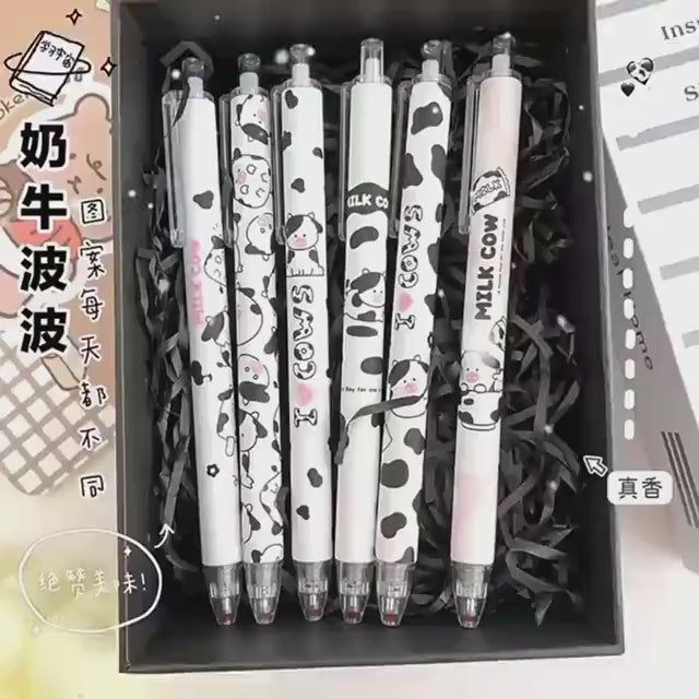 2Pcs Cute Cartoon Cow Pen Cute Neutral Pen Kawaii Kitsch 0.5mm black gel ink clicker pen School Supplies Office Stationery Pen duo