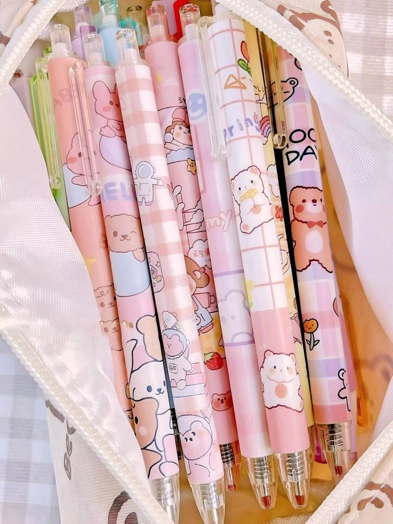 2Pcs Cute Cartoon Bear Pen Cute Neutral Pen Kawaii Kitsch 0.5mm black gel ink clicker pen School Supplies Office Stationery Pen duo