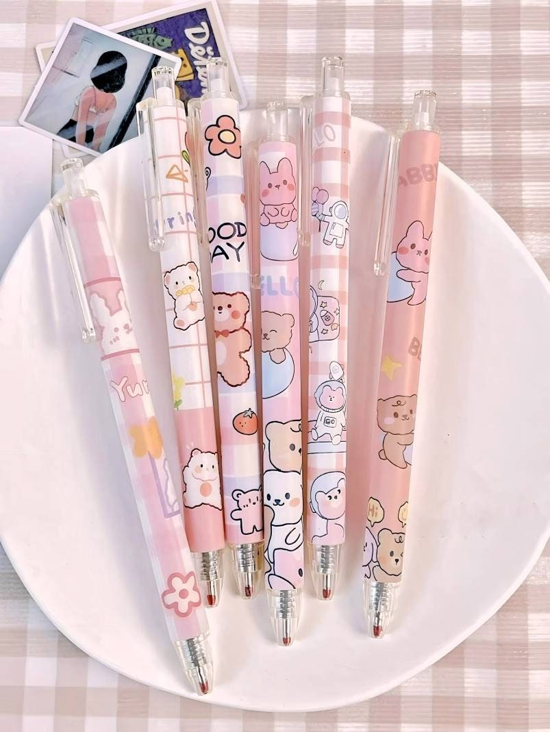 2Pcs Cute Cartoon Bear Pen Cute Neutral Pen Kawaii Kitsch 0.5mm black gel ink clicker pen School Supplies Office Stationery Pen duo