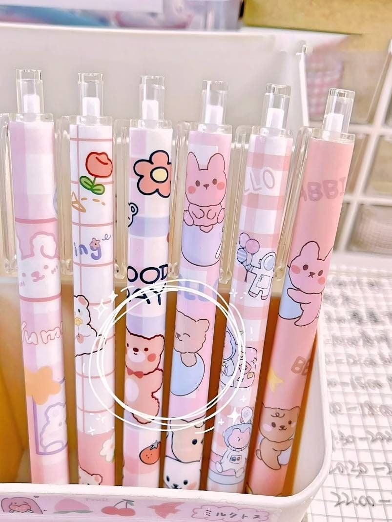 2Pcs Cute Cartoon Bear Pen Cute Neutral Pen Kawaii Kitsch 0.5mm black gel ink clicker pen School Supplies Office Stationery Pen duo