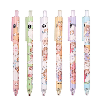 6Pcs Cute Pens Set, Cartoon Girl Kawaii Stationery, 0.5mm black gel ink clicker pen, Kawaii School Supplies, Gift for friends