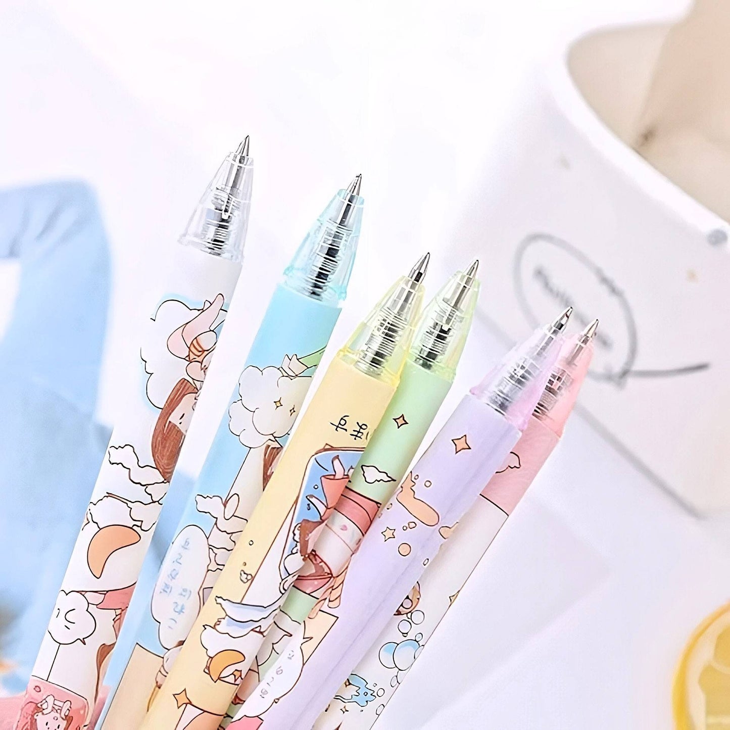 6Pcs Cute Pens Set, Cartoon Girl Kawaii Stationery, 0.5mm black gel ink clicker pen, Kawaii School Supplies, Gift for friends