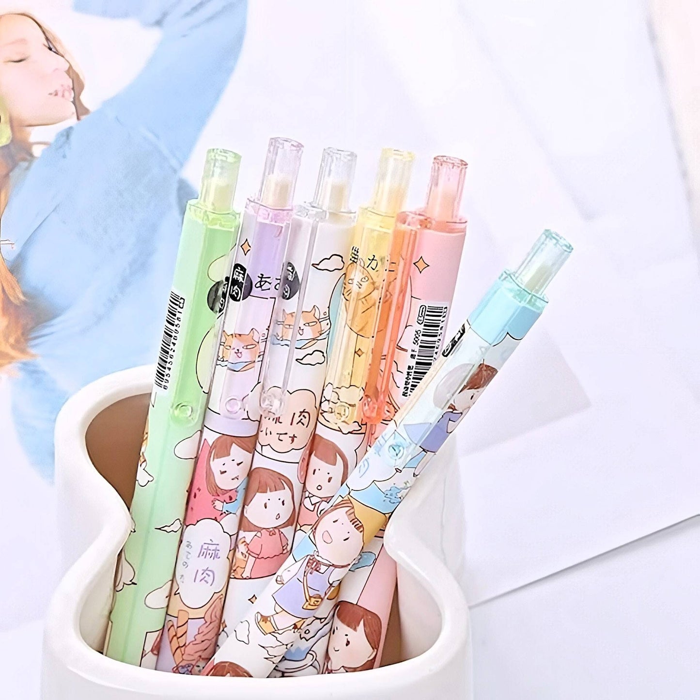 6Pcs Cute Pens Set, Cartoon Girl Kawaii Stationery, 0.5mm black gel ink clicker pen, Kawaii School Supplies, Gift for friends