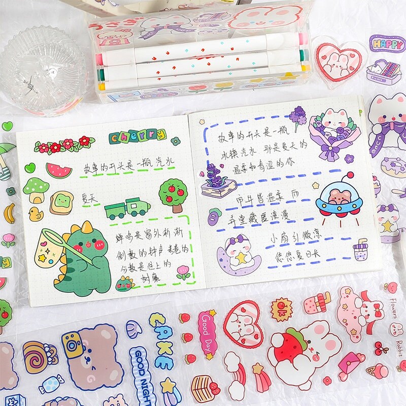 Cute Kawaii Sticker Sheet for Bullet Journal Scrapbooking DIY Diary Planner Waterproof Sticker Sheet Animal Stickers Highlighter