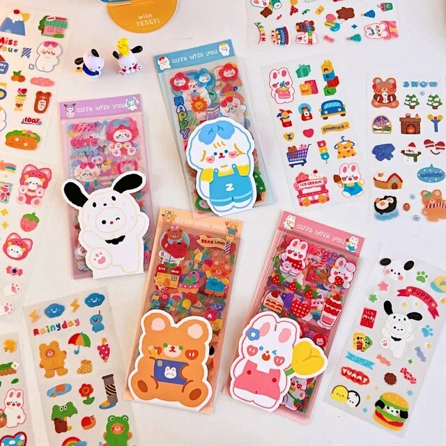 Kawaii Sticker 10 Sheet Set, Journal Supplies, Sticker Set for Scrapbook DIY Diary Planner, Waterproof Sticker Sheet, Animal Stickers, Decal