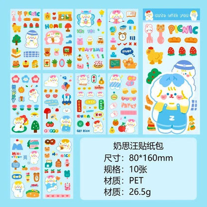 Kawaii Sticker 10 Sheet Set, Journal Supplies, Sticker Set for Scrapbook DIY Diary Planner, Waterproof Sticker Sheet, Animal Stickers, Decal