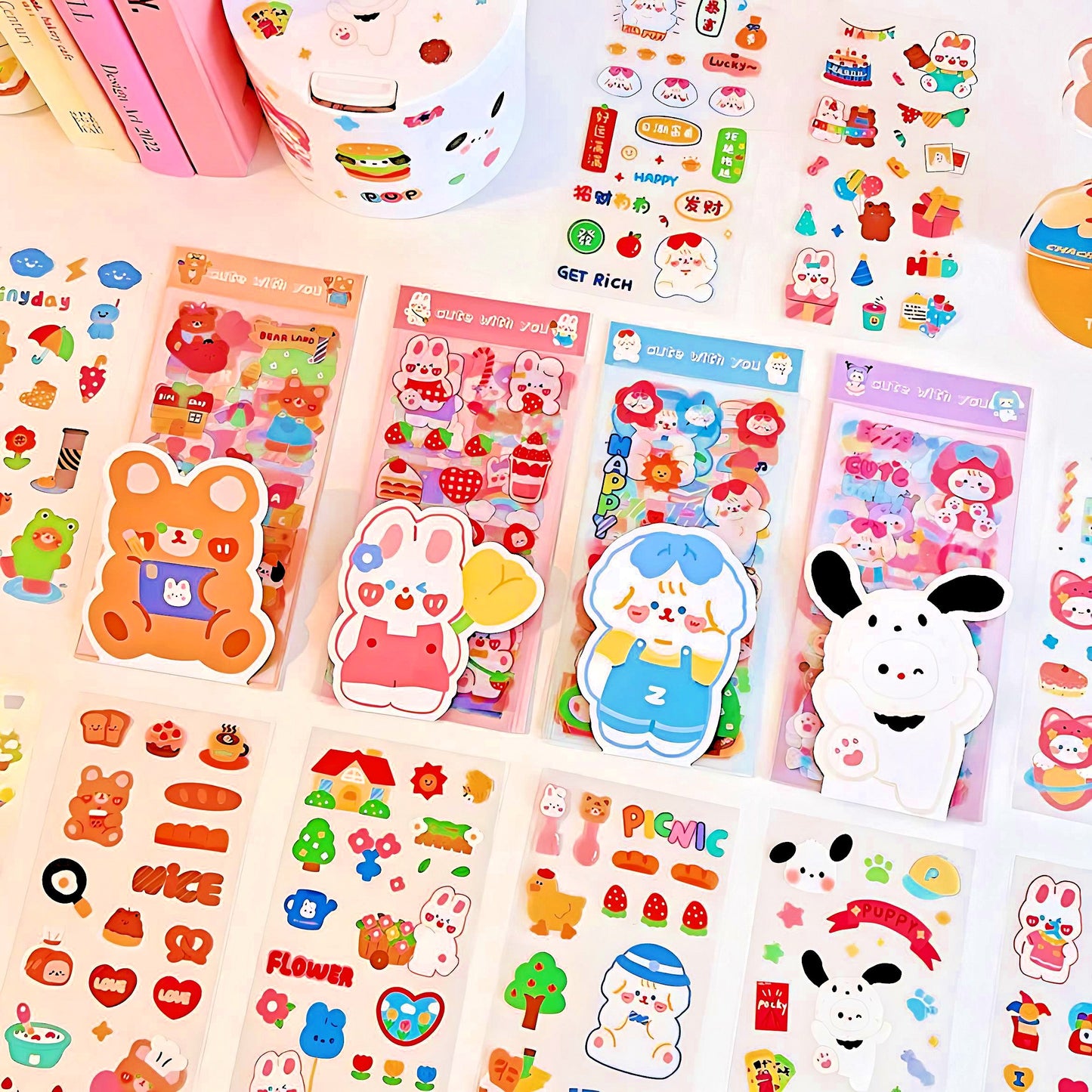 Kawaii Sticker 10 Sheet Set, Journal Supplies, Sticker Set for Scrapbook DIY Diary Planner, Waterproof Sticker Sheet, Animal Stickers, Decal