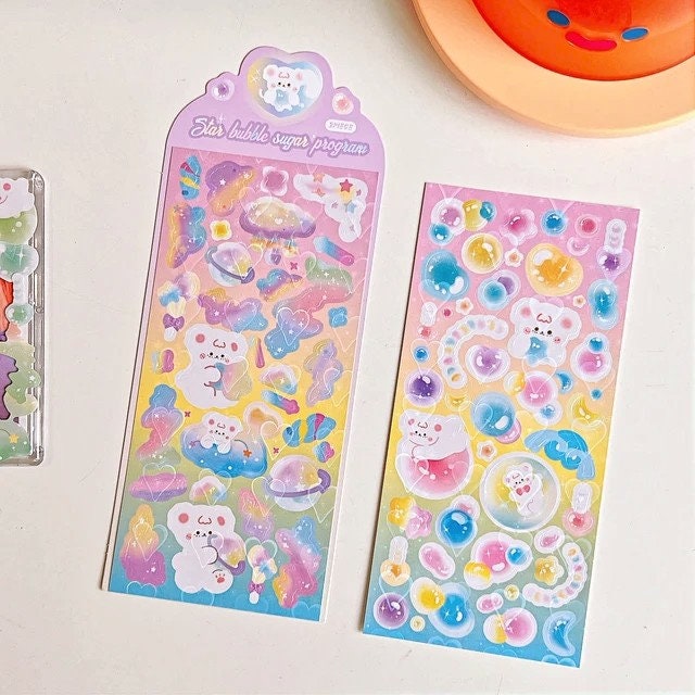 2Pcs Cute Kawaii Laser Heart Bear Idol Photocard Stickers Scrapbooking Journal Diary Photo Album Korean Stationery Holographic Heart Sticker
