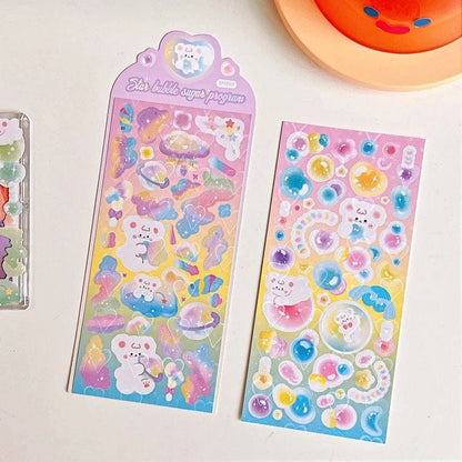 2Pcs Cute Kawaii Laser Heart Bear Idol Photocard Stickers Scrapbooking Journal Diary Photo Album Korean Stationery Holographic Heart Sticker