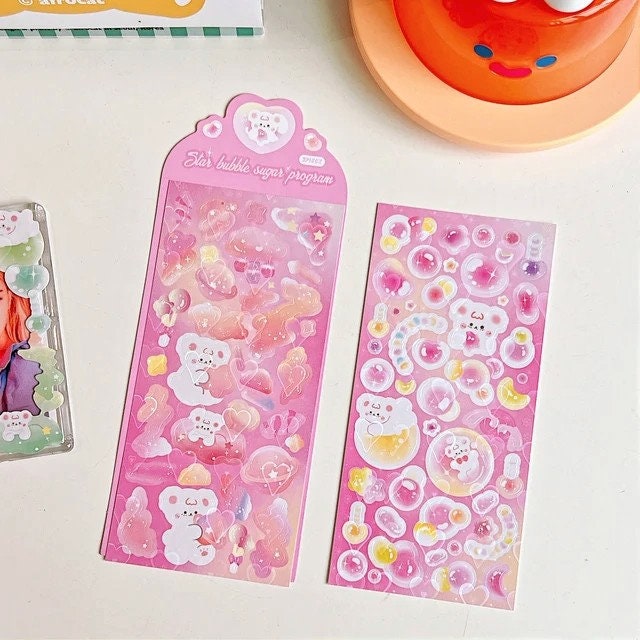 2Pcs Cute Kawaii Laser Heart Bear Idol Photocard Stickers Scrapbooking Journal Diary Photo Album Korean Stationery Holographic Heart Sticker