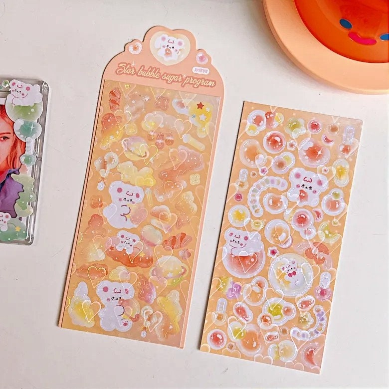 2Pcs Cute Kawaii Laser Heart Bear Idol Photocard Stickers Scrapbooking Journal Diary Photo Album Korean Stationery Holographic Heart Sticker