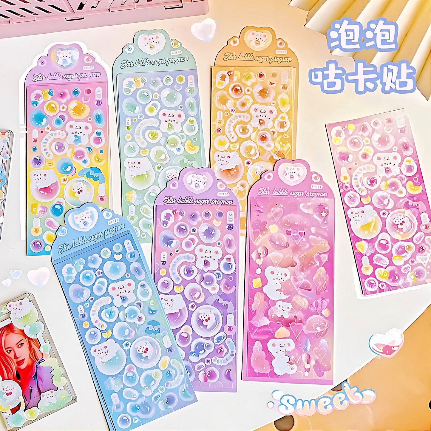 2Pcs Cute Kawaii Laser Heart Bear Idol Photocard Stickers Scrapbooking Journal Diary Photo Album Korean Stationery Holographic Heart Sticker