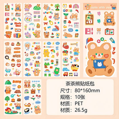 Kawaii Sticker 10 Sheet Set, Journal Supplies, Sticker Set for Scrapbook DIY Diary Planner, Waterproof Sticker Sheet, Animal Stickers, Decal