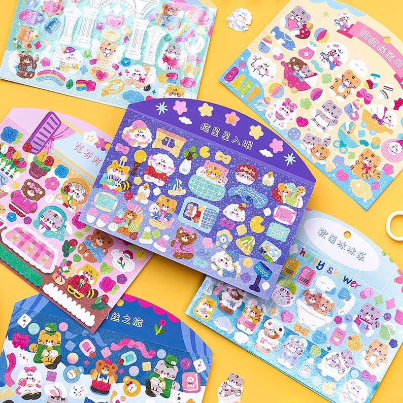 Kawaii Sticker Sheet Set for Bullet Journal, Cute Scrapbooking Supplies, Waterproof Sticker Sheet, Animal Stickers, Highlighter Decal Laptop