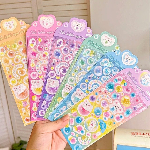 2Pcs Cute Kawaii Laser Heart Bear Idol Photocard Stickers Scrapbooking Journal Diary Photo Album Korean Stationery Holographic Heart Sticker