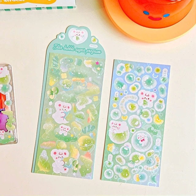 2Pcs Cute Kawaii Laser Heart Bear Idol Photocard Stickers Scrapbooking Journal Diary Photo Album Korean Stationery Holographic Heart Sticker