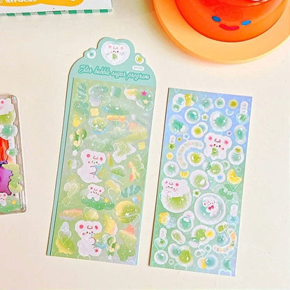 2Pcs Cute Kawaii Laser Heart Bear Idol Photocard Stickers Scrapbooking Journal Diary Photo Album Korean Stationery Holographic Heart Sticker