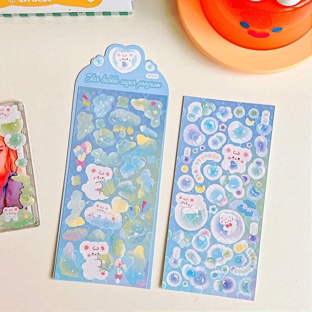 2Pcs Cute Kawaii Laser Heart Bear Idol Photocard Stickers Scrapbooking Journal Diary Photo Album Korean Stationery Holographic Heart Sticker