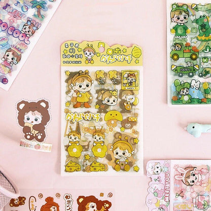 Cute Kawaii Stickers, Cute Sticker Sheets, Yellow Stickers, Pink Stickers, Green Stickers, Sticker Sheet Set, Journal Sticker, Girl Stickers