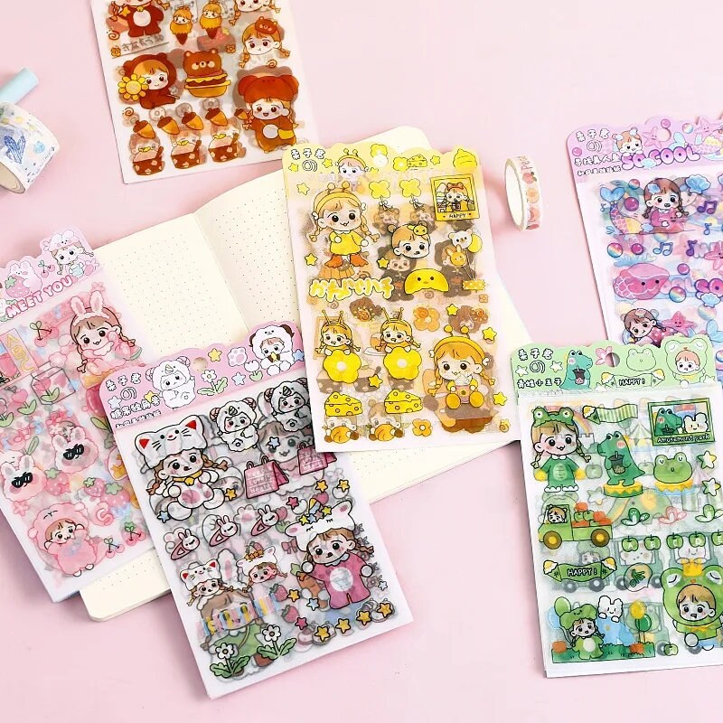 Cute Kawaii Stickers, Cute Sticker Sheets, Yellow Stickers, Pink Stickers, Green Stickers, Sticker Sheet Set, Journal Sticker, Girl Stickers