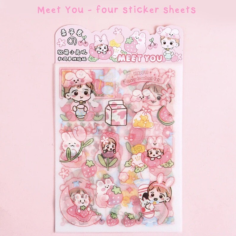 Cute Kawaii Stickers, Cute Sticker Sheets, Yellow Stickers, Pink Stickers, Green Stickers, Sticker Sheet Set, Journal Sticker, Girl Stickers