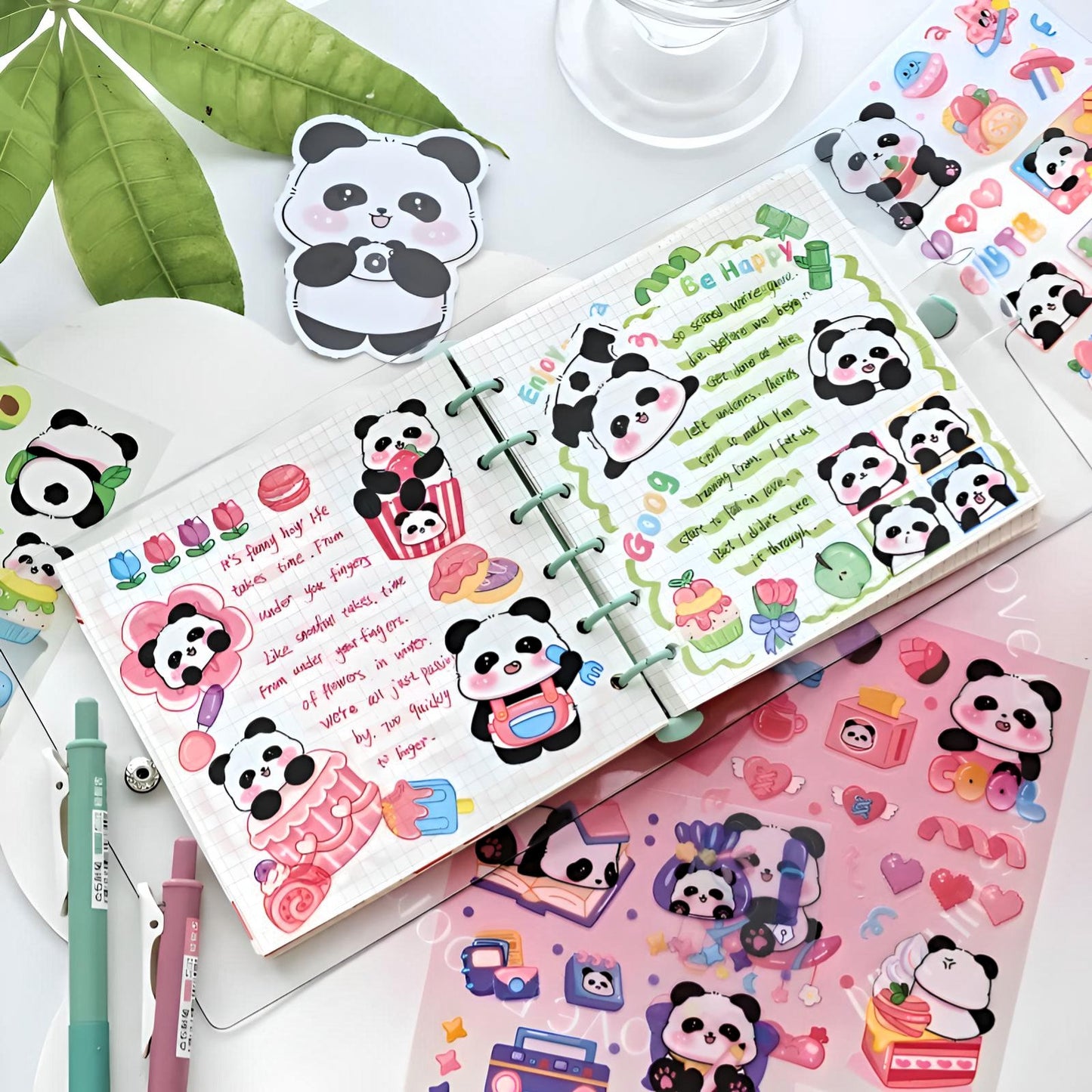 Kawaii Stickers Sheet Set for Bullet Journal Scrapbooking DIY Diary Planner Waterproof Sticker Sheet, Kawaii Panda Sticker Highlighter Decal