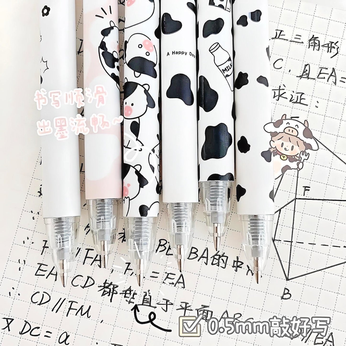 2Pcs Cute Cartoon Cow Pen Cute Neutral Pen Kawaii Kitsch 0.5mm black gel ink clicker pen School Supplies Office Stationery Pen duo