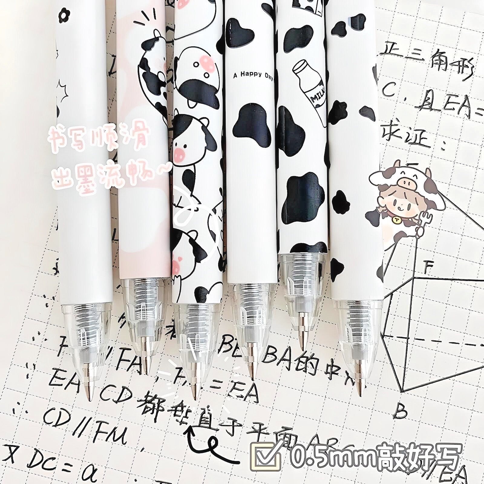 2Pcs Cute Cartoon Cow Pen Cute Neutral Pen Kawaii Kitsch 0.5mm black gel ink clicker pen School Supplies Office Stationery Pen duo