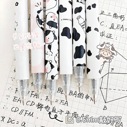 2Pcs Cute Cartoon Cow Pen Cute Neutral Pen Kawaii Kitsch 0.5mm black gel ink clicker pen School Supplies Office Stationery Pen duo