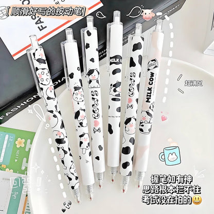 2Pcs Cute Cartoon Cow Pen Cute Neutral Pen Kawaii Kitsch 0.5mm black gel ink clicker pen School Supplies Office Stationery Pen duo