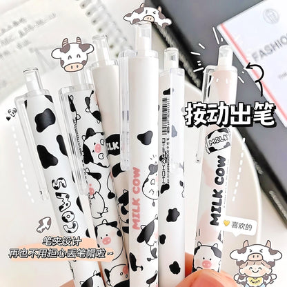2Pcs Cute Cartoon Cow Pen Cute Neutral Pen Kawaii Kitsch 0.5mm black gel ink clicker pen School Supplies Office Stationery Pen duo