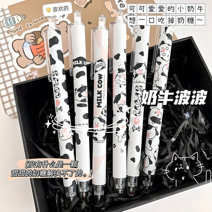 2Pcs Cute Cartoon Cow Pen Cute Neutral Pen Kawaii Kitsch 0.5mm black gel ink clicker pen School Supplies Office Stationery Pen duo