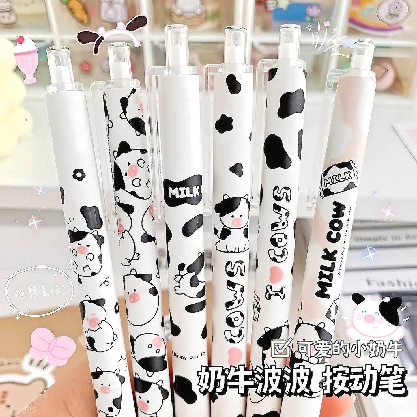 2Pcs Cute Cartoon Cow Pen Cute Neutral Pen Kawaii Kitsch 0.5mm black gel ink clicker pen School Supplies Office Stationery Pen duo